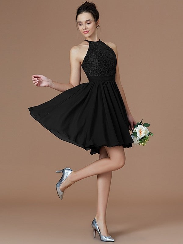 A-Line/Princess Halter Sleeveless Lace Short/Mini Chiffon Bridesmaid Dresses DFP0005132