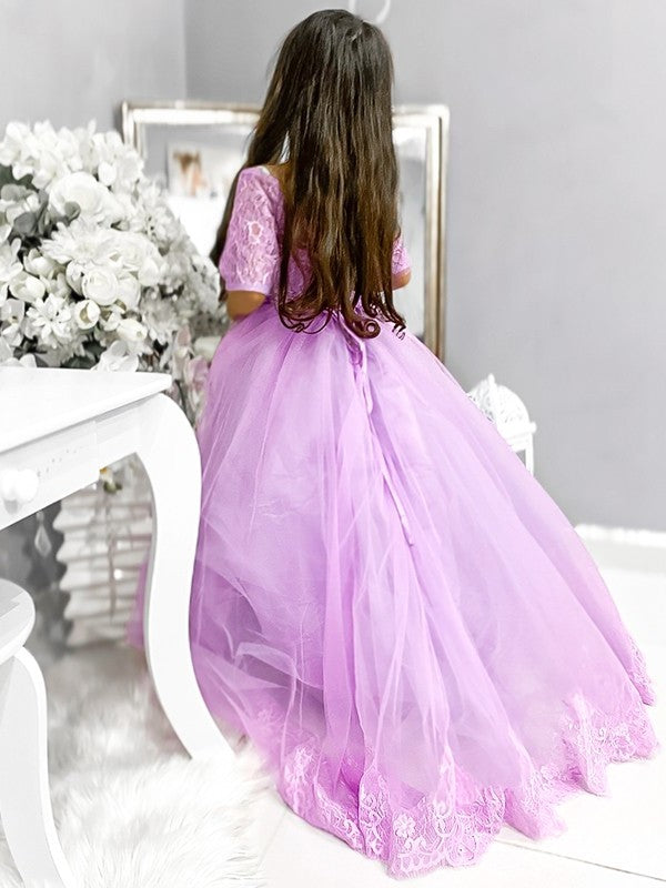 Ball Gown Tulle Lace Off-the-Shoulder 1/2 Sleeves Sweep/Brush Train Flower Girl Dresses DFP0007476