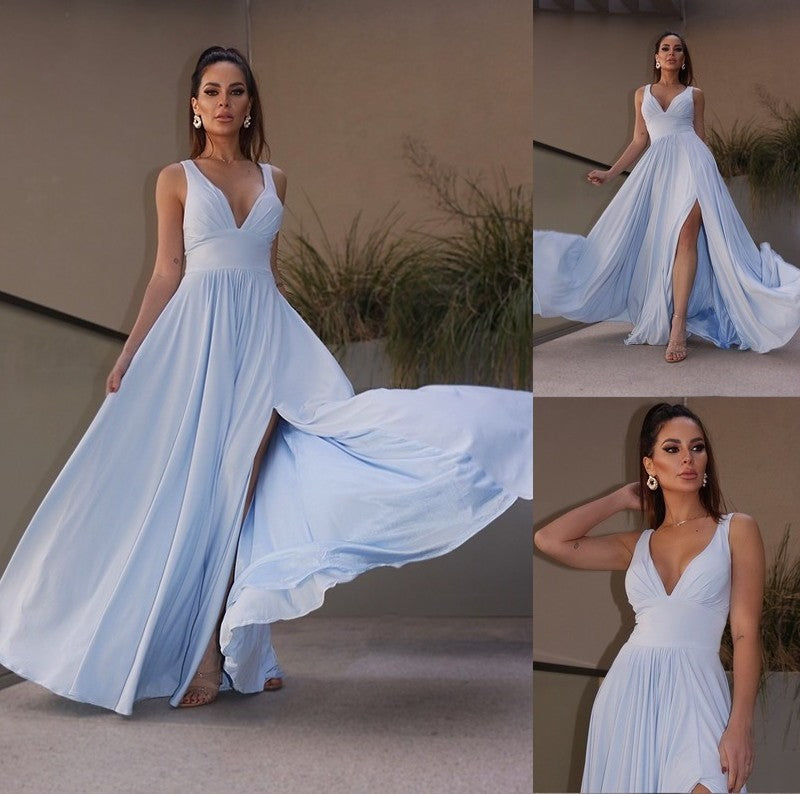 A-Line/Princess Ruffles Jersey V-neck Sleeveless Floor-Length Dresses DFP0001510