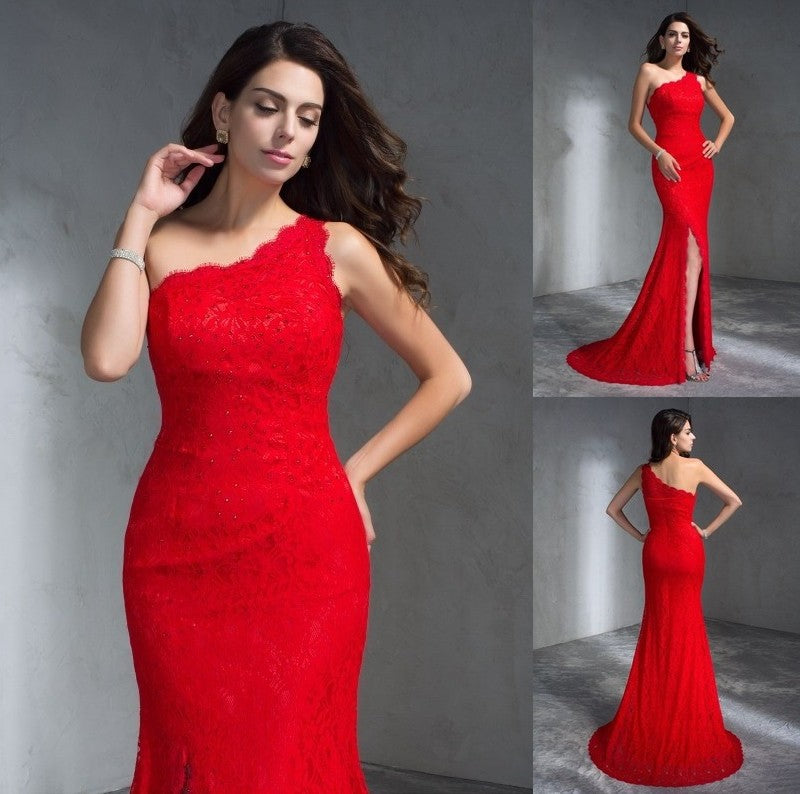 Trumpet/Mermaid One-Shoulder Sleeveless Long Lace Dresses DFP0002833