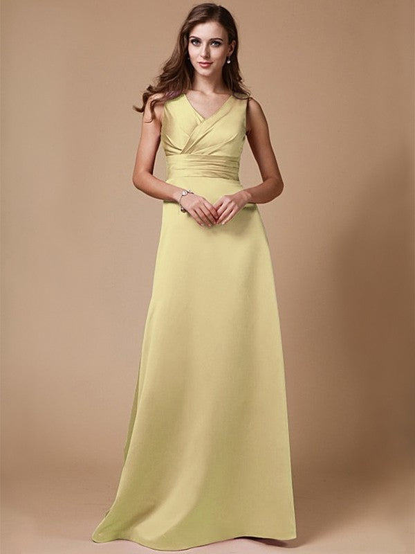 A-Line/Princess V-neck Long Sleeveless Elastic Woven Satin Bridesmaid Dresses DFP0005409