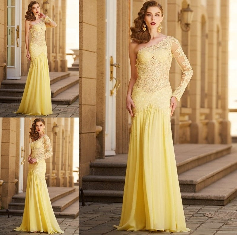 Sheath/Column One-Shoulder Lace Long Sleeves Sweep/Brush Train Chiffon Dresses DFP0003732