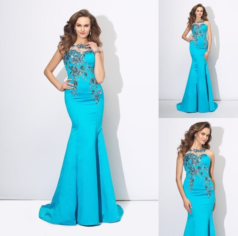 Trumpet/Mermaid Scoop Applique Sleeveless Long Satin Dresses DFP0002907