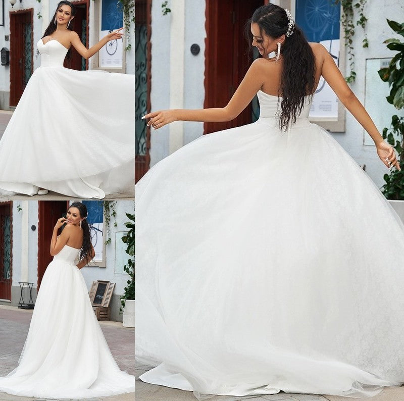 A-Line/Princess Lace Ruffles Sweetheart Sleeveless Sweep/Brush Train Wedding Dresses DFP0006517