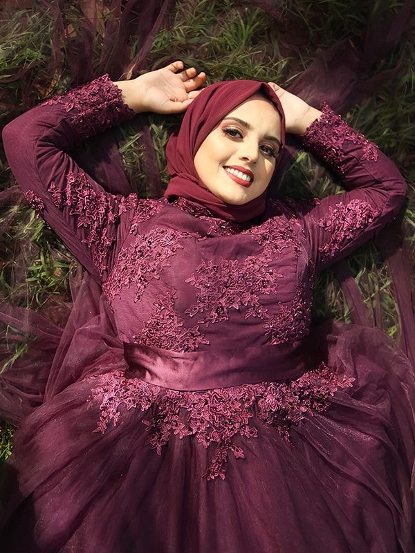 Ball Gown High Neck Tulle Applique Long Sleeves Sweep/Brush Train Muslim Dresses DFP0004669