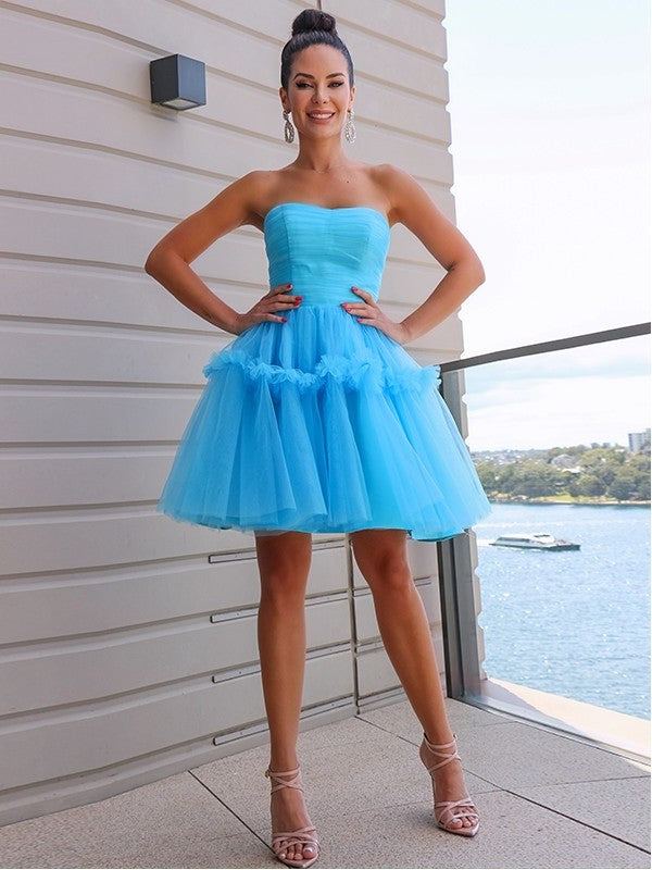 A-Line/Princess Strapless Tulle Ruffles Sleeveless Short/Mini Homecoming Dresses DFP0004466