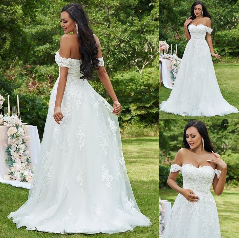 A-Line/Princess Lace Applique Off-the-Shoulder Sleeveless Sweep/Brush Train Wedding Dresses DFP0005911