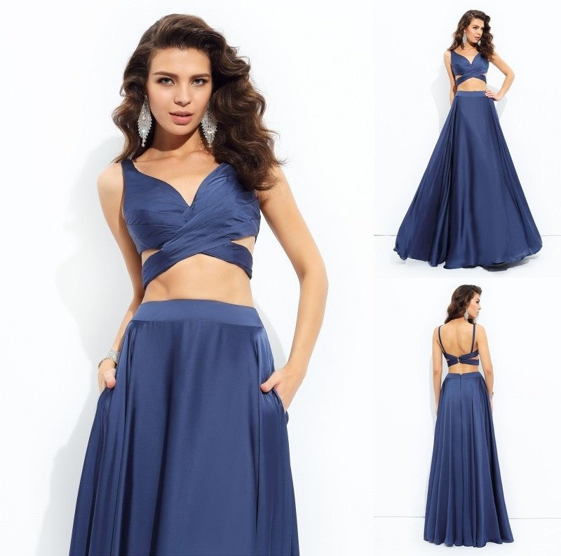 A-line/Princess Straps Sleeveless Long Satin Chiffon Two Piece Dresses DFP0002457