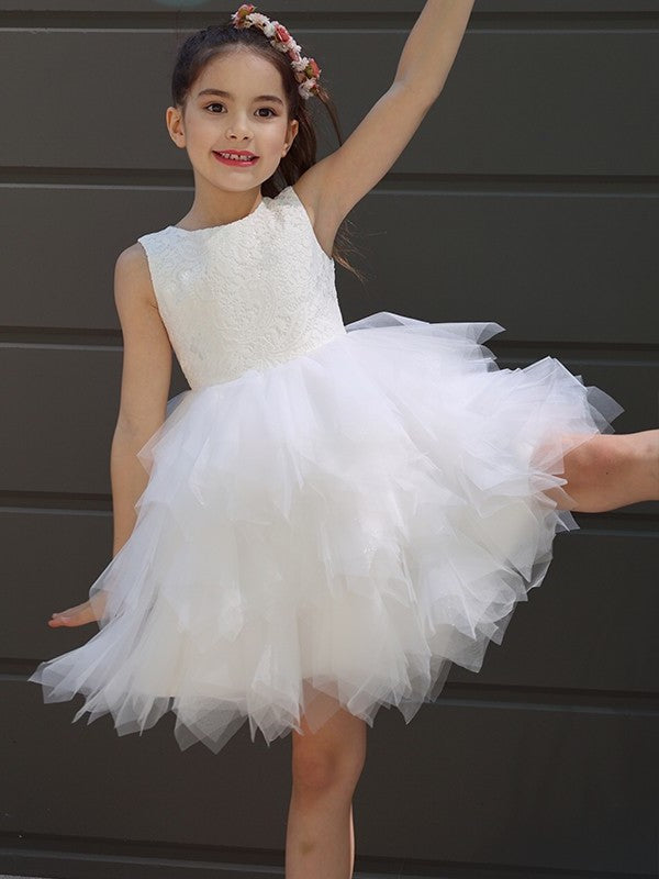 A-Line/Princess Tulle Lace Scoop Sleeveless Short/Mini Flower Girl Dresses DFP0007487
