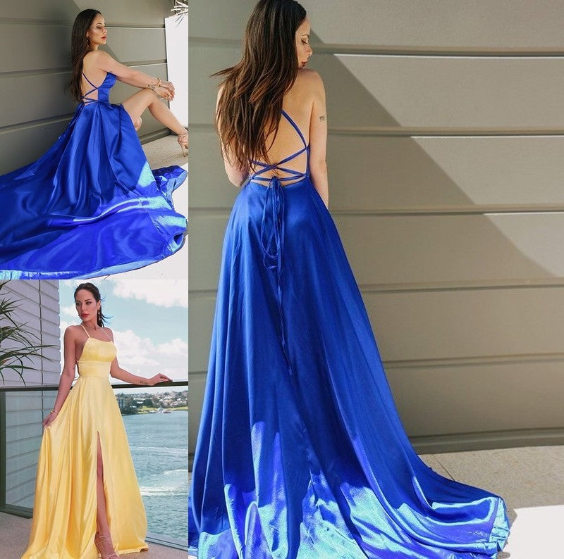 A-Line/Princess Spaghetti Straps Elastic Woven Satin Sleeveless Ruffles Sweep/Brush Train Dresses DFP0001548