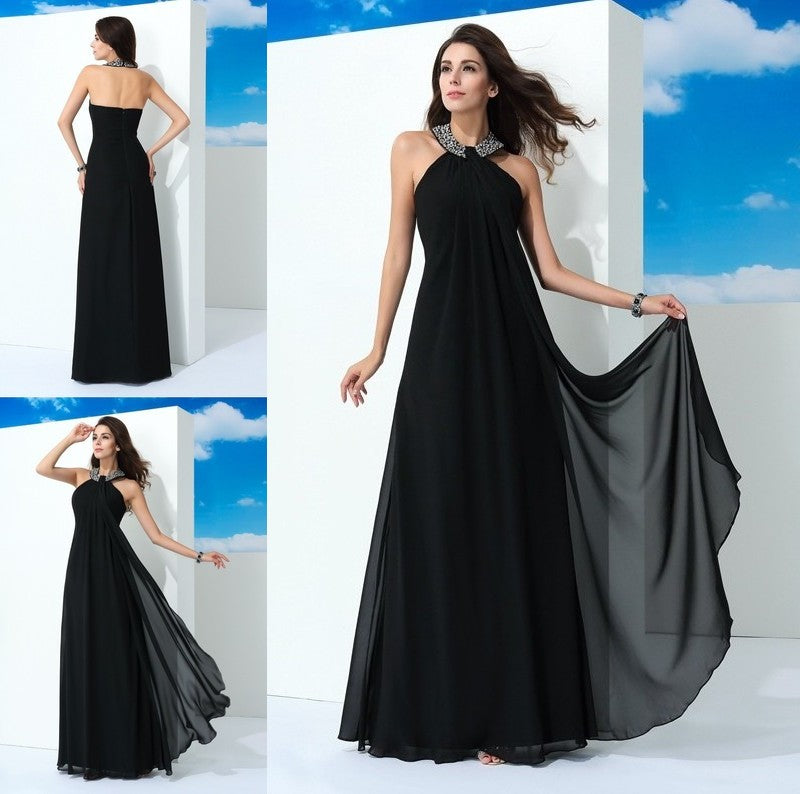 A-Line/Princess Halter Beading Sleeveless Long Chiffon Dresses DFP0002377