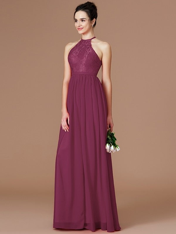 A-Line/Princess Halter Sleeveless Lace Floor-Length Chiffon Bridesmaid Dresses DFP0005320