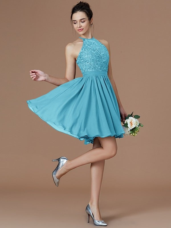 A-Line/Princess Halter Sleeveless Lace Short/Mini Chiffon Bridesmaid Dresses DFP0005132