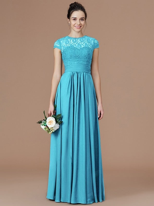 A-Line/Princess Jewel Short Sleeves Lace Floor-Length Chiffon Bridesmaid Dresses DFP0005179