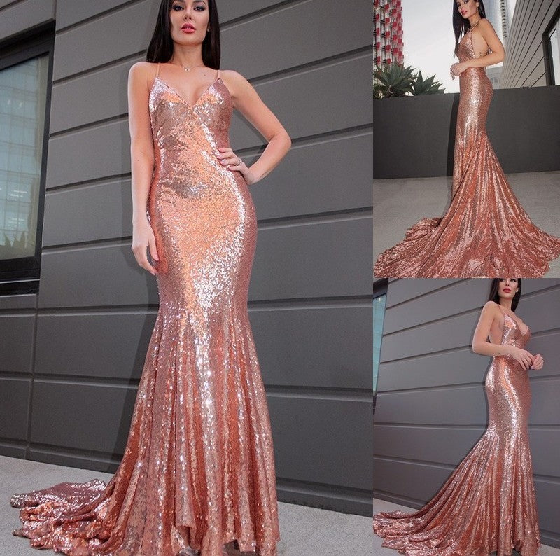 Trumpet/Mermaid Sleeveless Sequins Ruffles V-neck Sweep/Brush Train Dresses DFP0001626