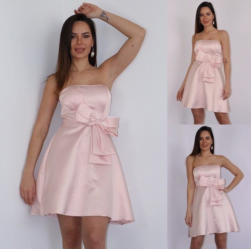 A-Line/Princess Satin Bowknot Strapless Sleeveless Short/Mini Dresses DFP0004849