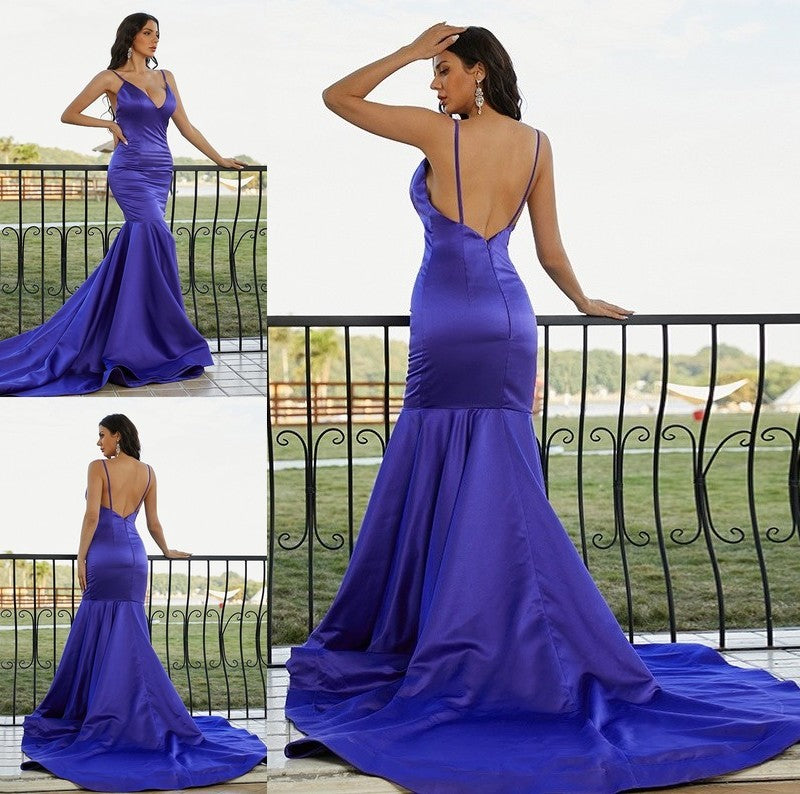 Trumpet/Mermaid Satin Ruffles V-neck Sleeveless Sweep/Brush Train Dresses DFP0001576