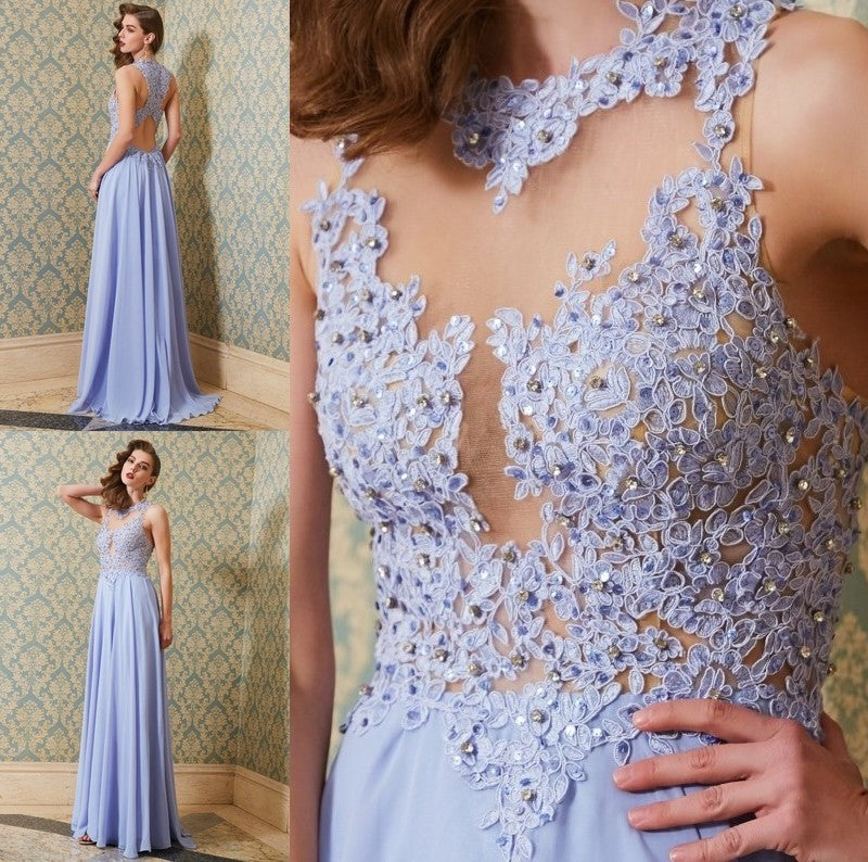 A-Line/Princess Scoop Sleeveless Floor-Length Applique Chiffon Dresses DFP0002687