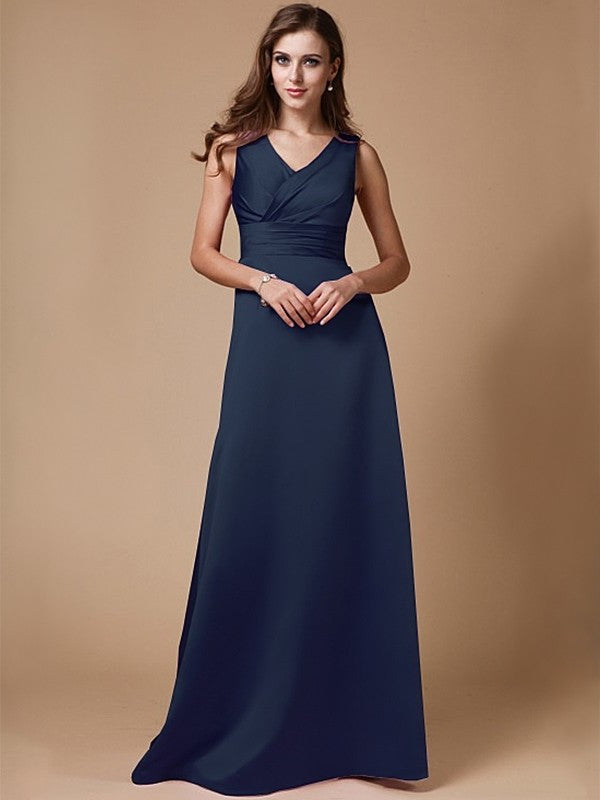 A-Line/Princess V-neck Long Sleeveless Elastic Woven Satin Bridesmaid Dresses DFP0005409