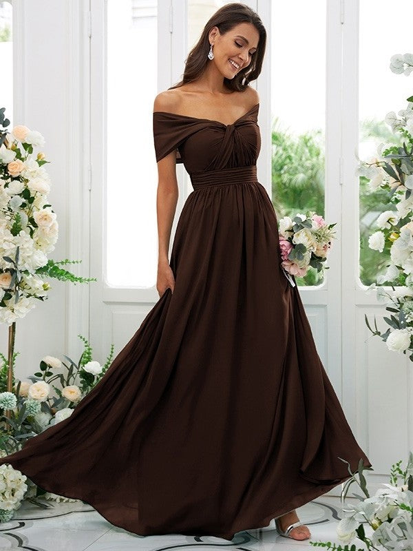 A-Line/Princess Chiffon Ruched Off-the-Shoulder Sleeveless Floor-Length Bridesmaid Dresses DFP0004920