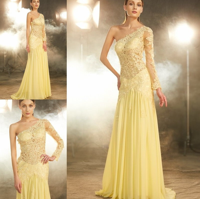 Sheath/Column One-Shoulder Lace Long Sleeves Sweep/Brush Train Chiffon Dresses DFP0004204