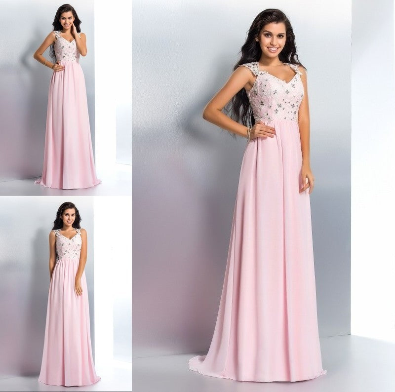 A-Line/Princess V-neck Applique Sleeveless Long Chiffon Dresses DFP0002658