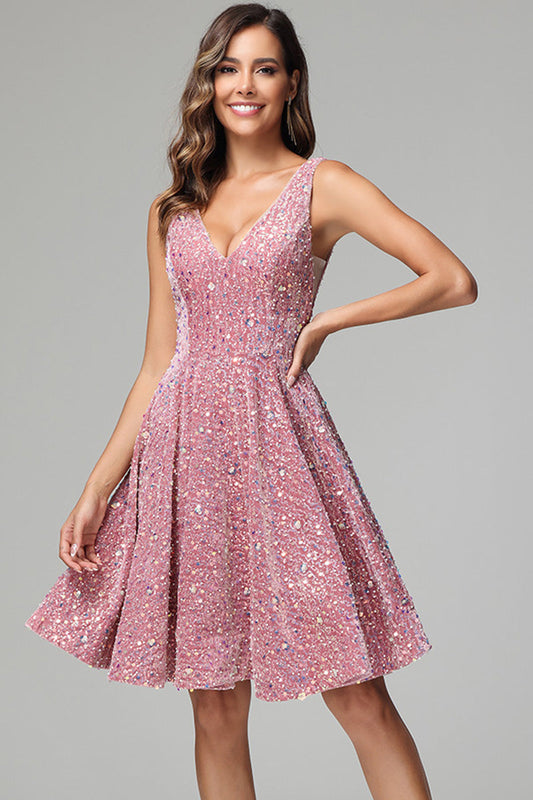 Pink A Line V-neck Short Sequins Homecoming Dress