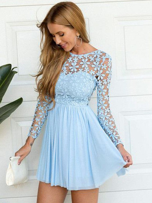 A-Line Lace Carleigh Homecoming Dresses Chiffon Princess Scoop Long Sleeves Short