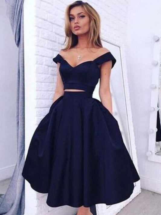 A-Line Princess Off-The-Shoulder Homecoming Dresses Emmalee Sleeveless Knee-Length Taffeta Two Piece