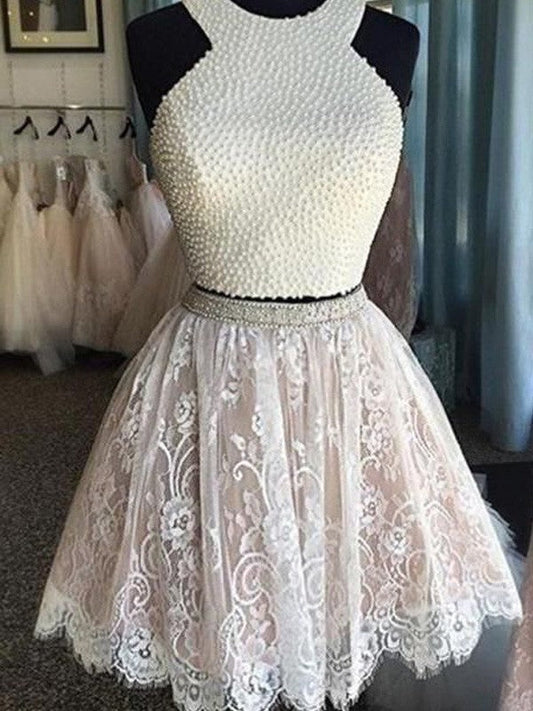 A-Line Princess Sleeveless Halter Pearls Short Homecoming Dresses Roberta Lace Two Piece