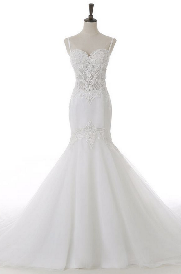 White Mermaid Wedding Dress with Pearls