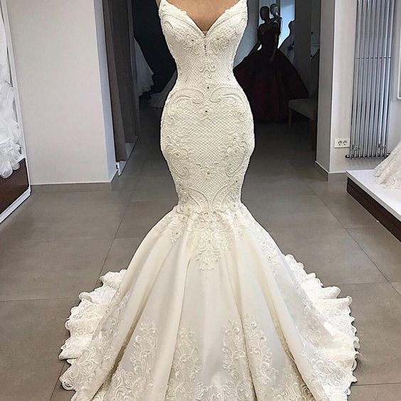 Spaghetti Straps Ivory Mermaid Wedding Dresses with Removable Skirt