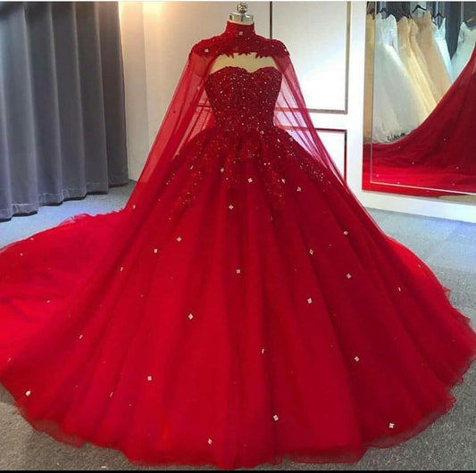 Red Ball Gown Wedding Dresses with Cape