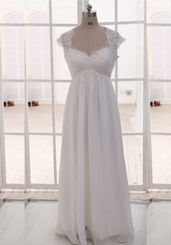 Summer Wedding Dress Queen Anna Neckline Cap Sleeves Floor Length Lace Bodice and Chiffon Skirt Beach Bridal Dress