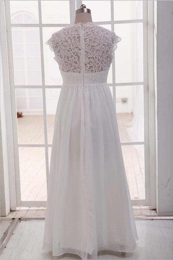 Summer Wedding Dress Queen Anna Neckline Cap Sleeves Floor Length Lace Bodice and Chiffon Skirt Beach Bridal Dress