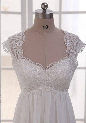 Summer Wedding Dress Queen Anna Neckline Cap Sleeves Floor Length Lace Bodice and Chiffon Skirt Beach Bridal Dress