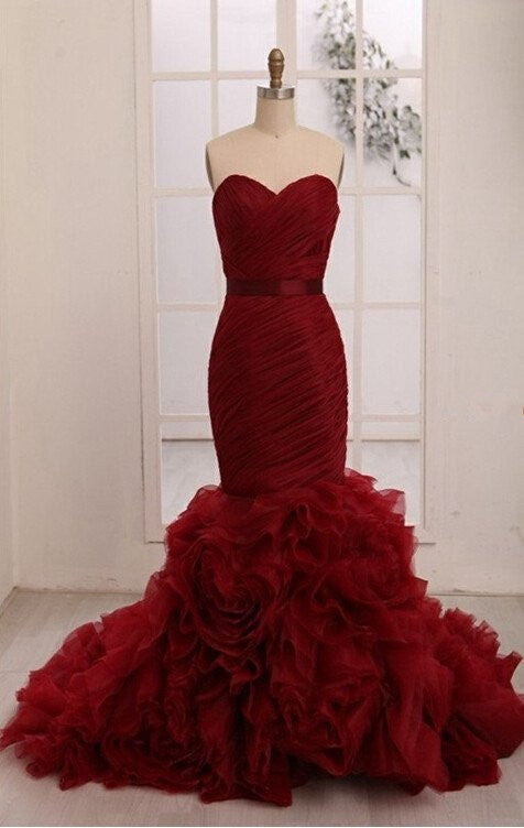 Sweetheart Neck Floor Length Burgundy Organza Mermaid Wedding Dress Prom Gown