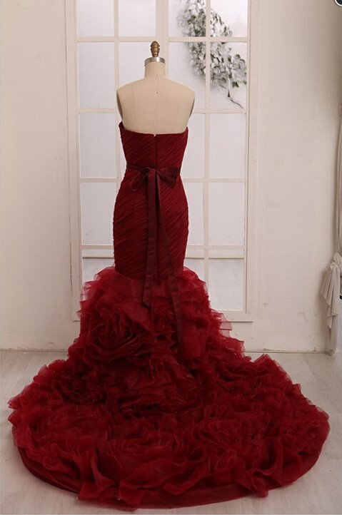 Sweetheart Neck Floor Length Burgundy Organza Mermaid Wedding Dress Prom Gown