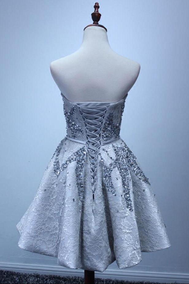 A Line Silver Strapless Mini Lace Shinny Sequin Lace up Appliques Homecoming Dresses JS828