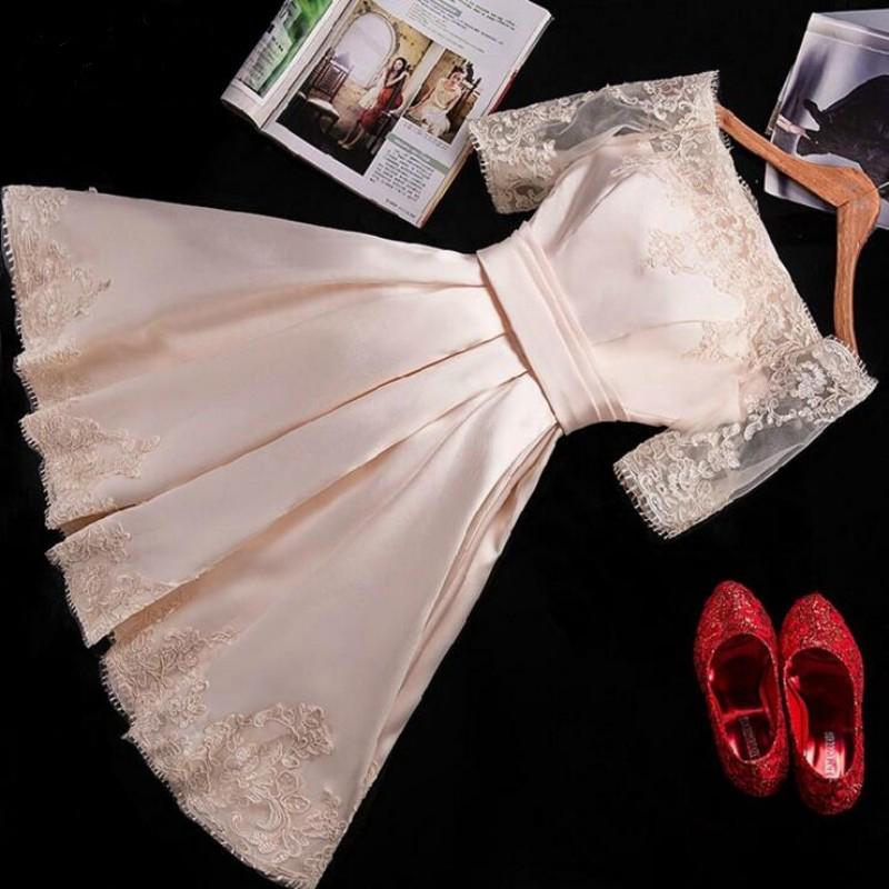 A Line Short Sleeves Satin Lace Appliques Lace up Scoop Short Prom Dress Homecoming Dresses JS752