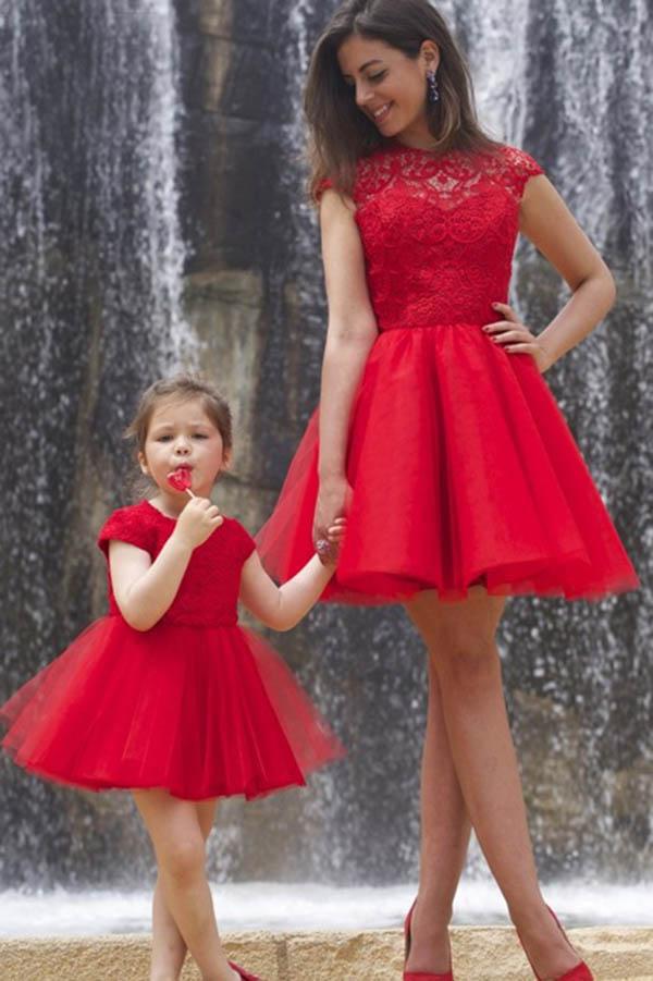 A line Red Cap Sleeves Tulle Lace High Neck Above Knee Open Back Homecoming Dresses JS903