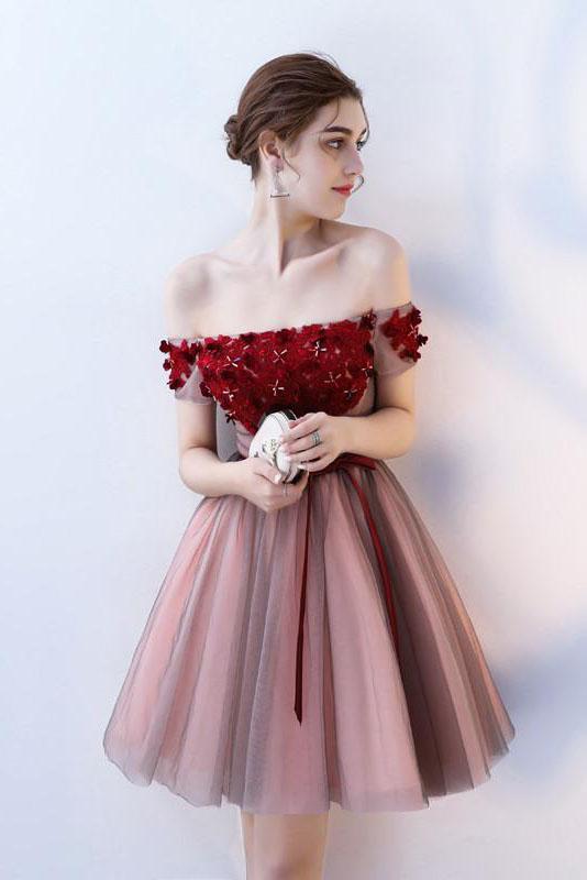 A Line Strapless Off the Shoulder Red Flowers Short Tulle Lace up Homecoming Dresses JS876