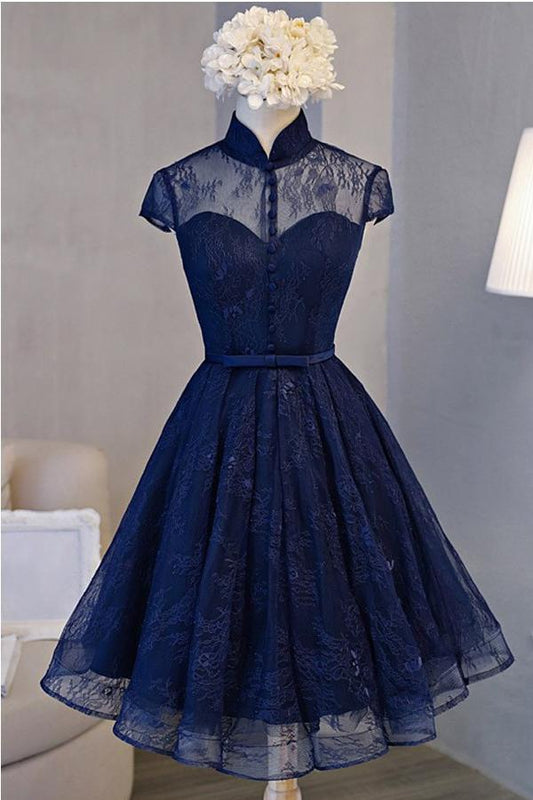 A Line Navy Blue Short High Neck Lace Open Back Cap Sleeve Mini Lace-up Homecoming Dresses JS588